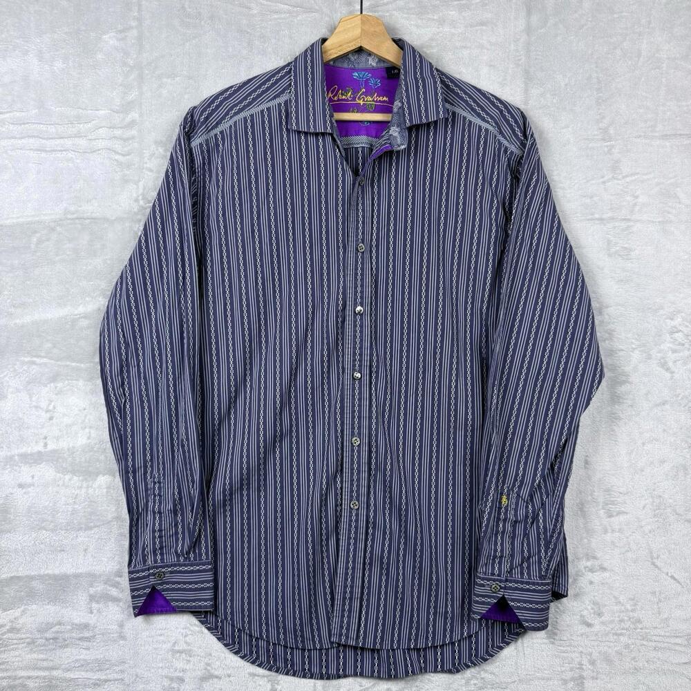 Robert Graham Striped Button Up Shirt Men Sz L Embroidered Collar Contrast Cuffs